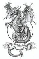 zodiac sign Libra dragon flying with a haylo saying miss you everyday bub love you tattoo design idea