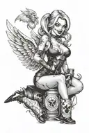 sexy anima Harley Quinn posing as the emblem on a fireball whiskey bottle with wings  tattoo design idea