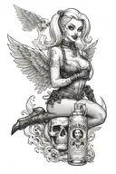 sexy anima Harley Quinn posing as the emblem on a fireball whiskey bottle with wings  tattoo design idea