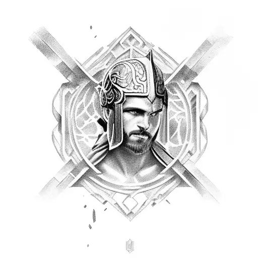  boy lokking at the mirror and seeing a gloryful gladiator on a graveyard tattoo design idea