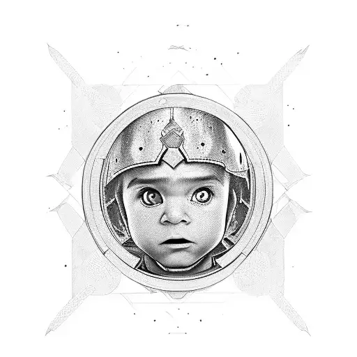 little boy lokking at the mirror and seeing a gladiator  tattoo design idea