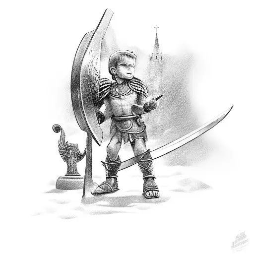 little boy lokking at the mirror and seeing a gloryful gladiator on a graveyard tattoo design idea
