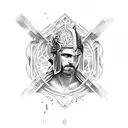  boy lokking at the mirror and seeing a gloryful gladiator on a graveyard tattoo design idea