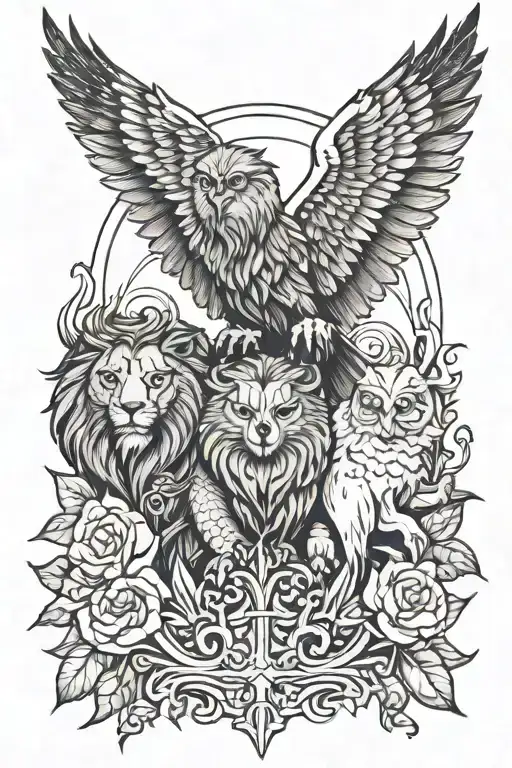 lion and owl and catholic tattoo design idea