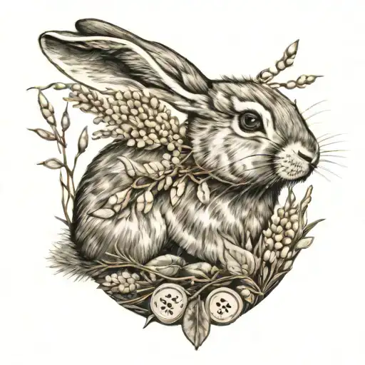 rabbit, pussy willow branch, sewing, buttons tattoo design idea