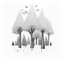 A blackwork tattoo featuring a school of samba drummers amidst a forest of enchanting trees tattoo design idea