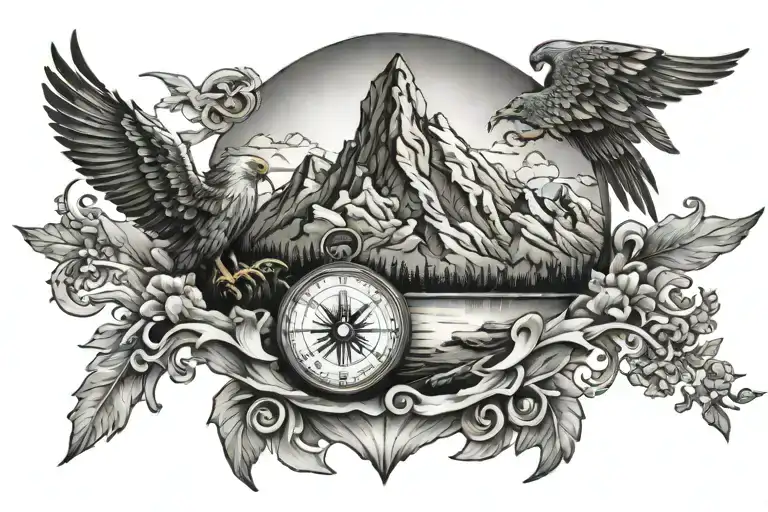 mountain landscape with eagle globe anchor and compass rose tattoo design idea