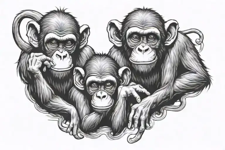 "see no evil, hear no evil, speak no evil"  monkeys, in a studio ghiblli art style tattoo design idea