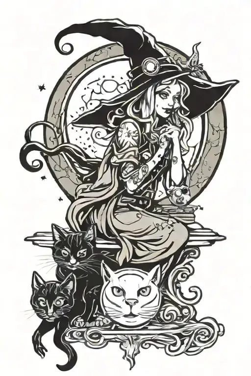 witch, cat, moon shining tattoo design idea
