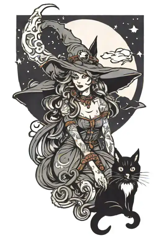 witch, cat, moon shining tattoo design idea