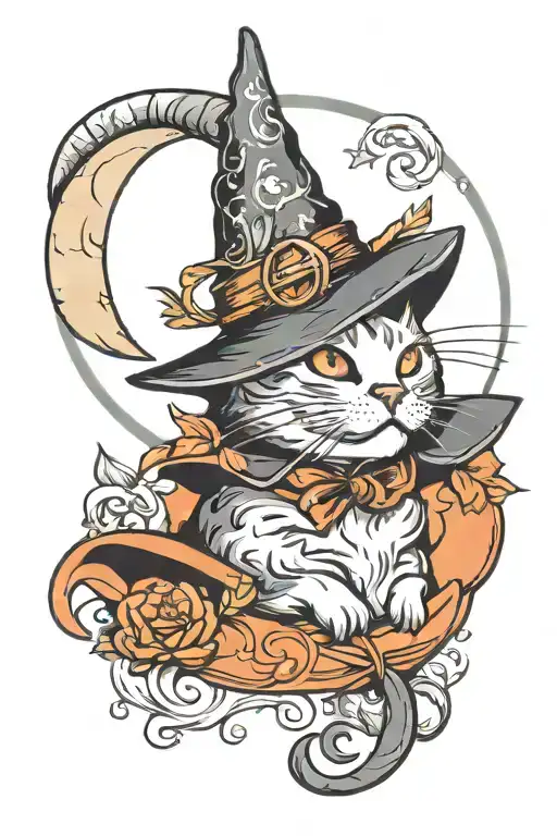 cat, moon, witch hat tattoo design idea
