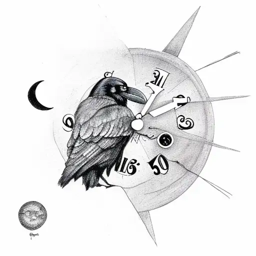 Sketch “Raven With A Clock And Moon” Tattoo Idea - BlackInk AI