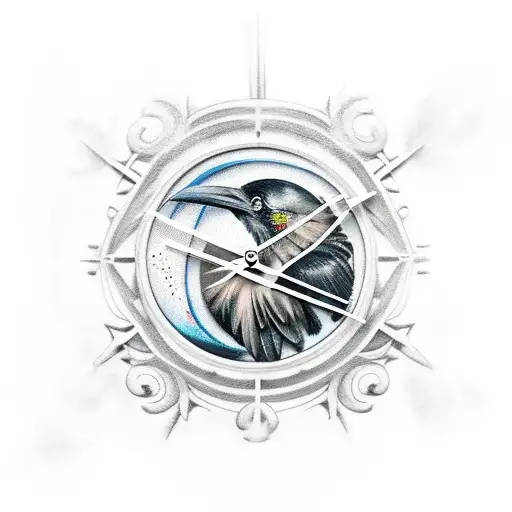 Realism “Raven With A Clock And Moon” Tattoo Idea - BlackInk AI