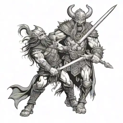 A viking warrior battling a demonic creature in a black and grey style tattoo design idea