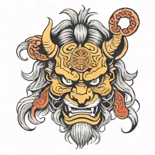 Japanese Oni Mask on Samurai that is lion like in features.   tattoo design idea