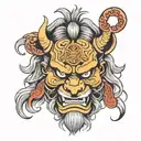 Japanese Oni Mask on Samurai that is lion like in features.   tattoo design idea
