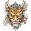 Japanese Oni Mask on Samurai that is lion like in features.   tattoo design idea