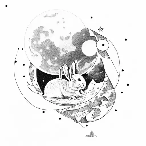 crecent moon surrounded in filagree  with a bunny in it tattoo design idea