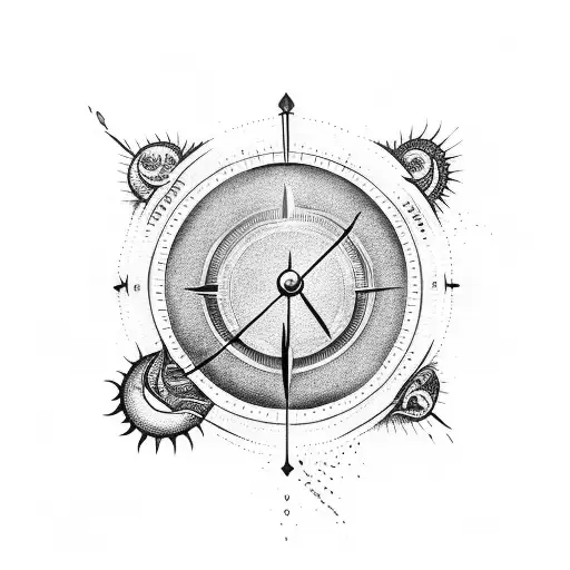 a sundial with water and fire aspect  tattoo design idea