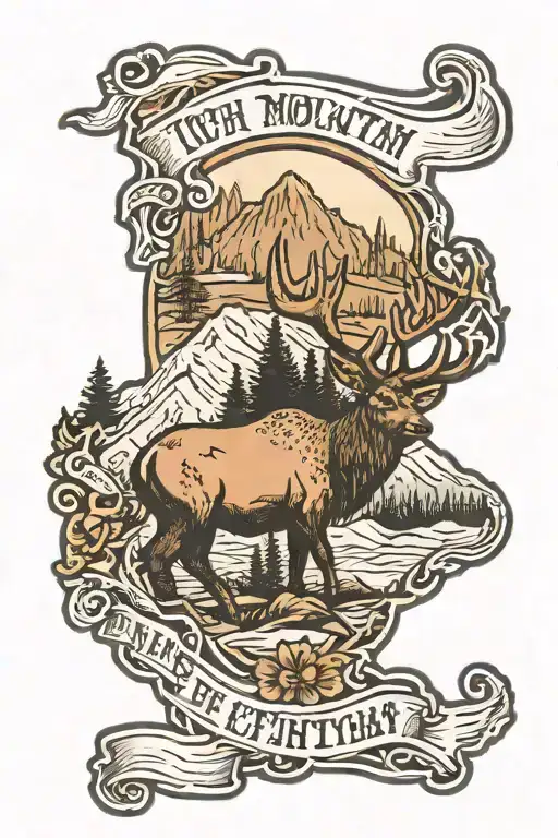 10th mountian patch, tree, brown trout, elk horn, names tattoo design idea