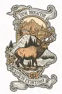 10th mountian patch, tree, brown trout, elk horn, names tattoo design idea