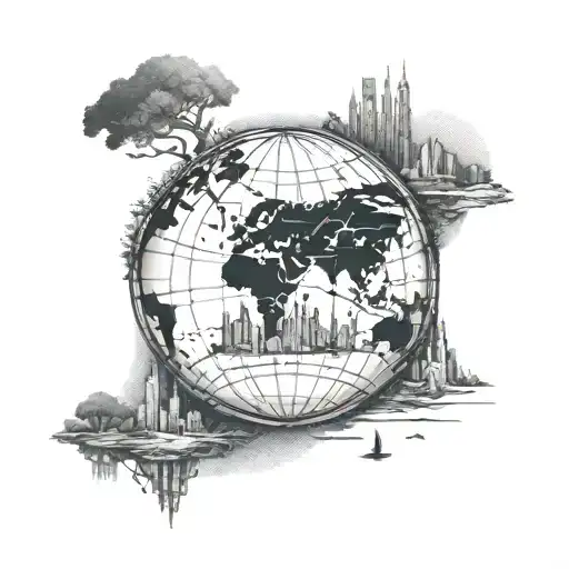An world globe with some landscape forma city that already visit like New York, Paris, London with a backpacker tattoo design idea