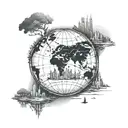 An world globe with some landscape forma city that already visit like New York, Paris, London with a backpacker tattoo design idea