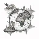 An world globe with some landscape forma city that already visit like New York, Paris, London with a backpacker tattoo design idea