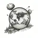An world globe with some landscape forma city that already visit like New York, Paris, London with a backpacker tattoo design idea