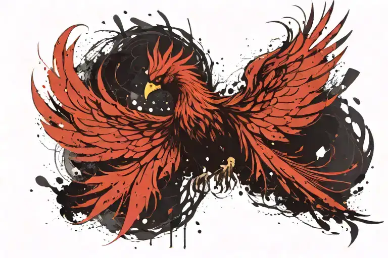 A phoenix rising from the ashes with a cinematic background tattoo design idea