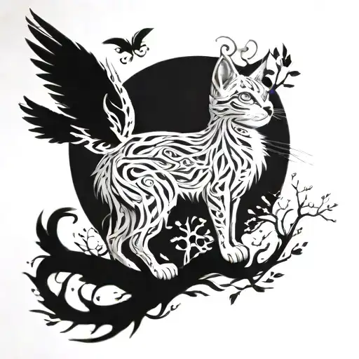 tree, roots around cat, wings tattoo design idea