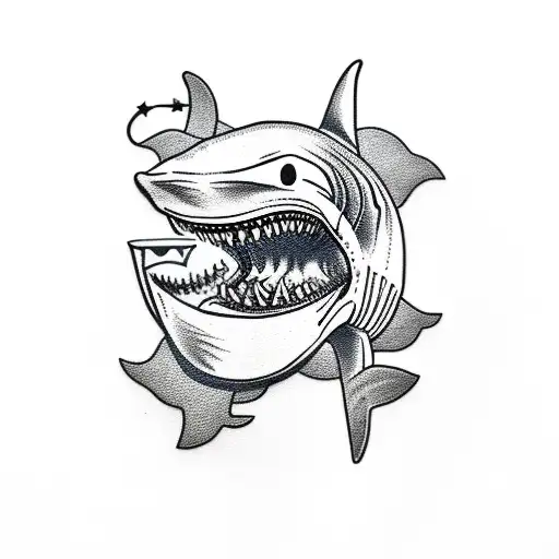 shark eating a skeleton dressed as a sailor and drinking a beer tattoo design idea