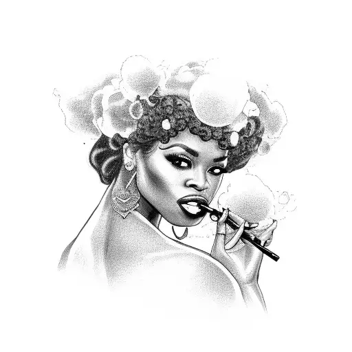 pretty black woman with a vitória era dress. the dress colors até purple and black. the woman is smoking a cigarrete tattoo design idea