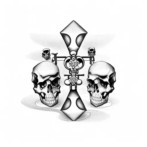 Hourglass with skulls on top with birth date which shows 24.09.1997 on the bottom a cross without date sand flowing tattoo design idea