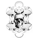 Hourglass with skulls on top with birth date which shows 24.09.1997 on the bottom a cross without date sand flowing tattoo design idea