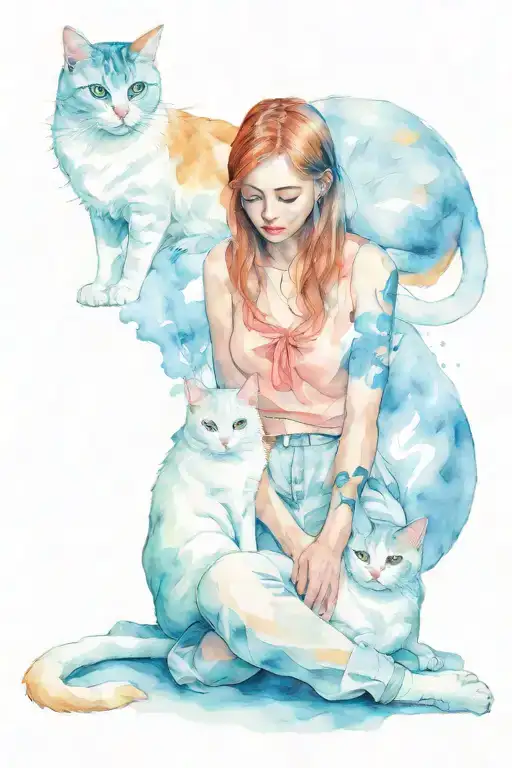 girl sitting face to face on the floor with two cats, one is very hairy and white tattoo design idea