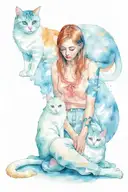 girl sitting face to face on the floor with two cats, one is very hairy and white tattoo design idea