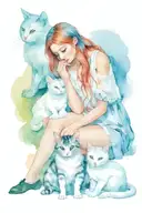girl sitting face to face on the floor with two cats, one is very hairy and white tattoo design idea