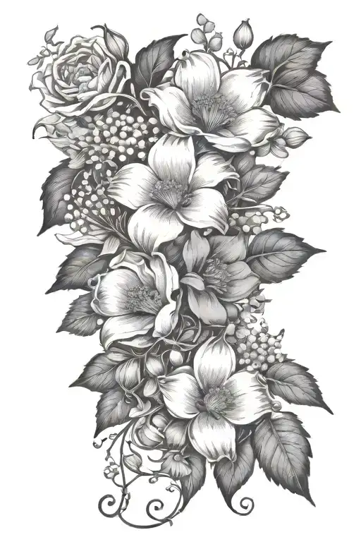 A bouquet of violet, daisy, lily of the valley, poppy, morning glory, cosmo, chrysanthemum, and holly berry flowers intertwined with vines and leaves tattoo design idea