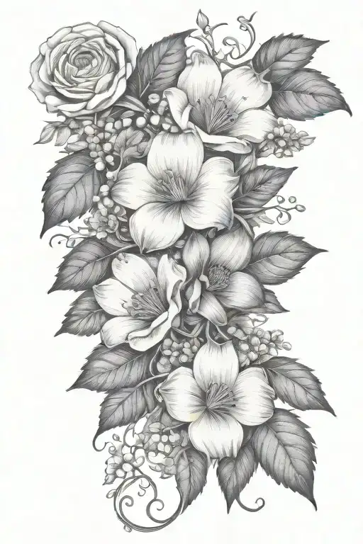 A bouquet of violet, daisy, lily of the valley, poppy, morning glory, cosmo, chrysanthemum, and holly berry flowers intertwined with vines and leaves tattoo design idea