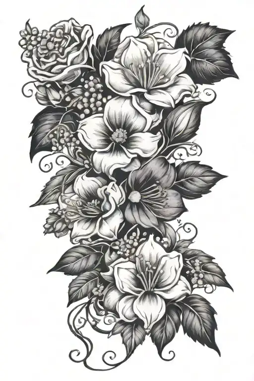 A bouquet of violet, daisy, lily of the valley, poppy, morning glory, cosmo, chrysanthemum, and holly berry flowers intertwined with vines and leaves tattoo design idea