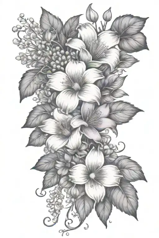 A bouquet of violet, daisy, lily of the valley, poppy, morning glory, cosmo, chrysanthemum, and holly berry flowers intertwined with vines and leaves tattoo design idea