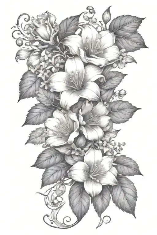 A bouquet of violet, daisy, lily of the valley, poppy, morning glory, cosmo, chrysanthemum, and holly berry flowers intertwined with vines and leaves tattoo design idea