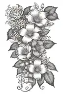 A bouquet of violet, daisy, lily of the valley, poppy, morning glory, cosmo, chrysanthemum, and holly berry flowers intertwined with vines and leaves tattoo design idea