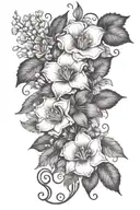 A bouquet of violet, daisy, lily of the valley, poppy, morning glory, cosmo, chrysanthemum, and holly berry flowers intertwined with vines and leaves tattoo design idea