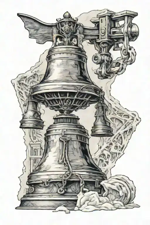 liberty bell and early winter spires background, snowboarder foreground tattoo design idea