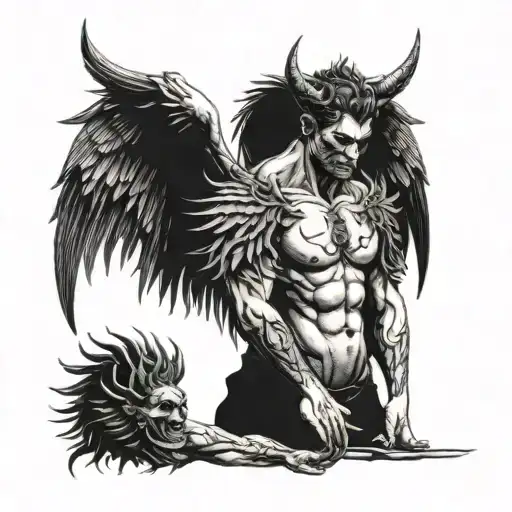 Back tattoo with 2 wings, one of a demon and one of an angel for men tattoo design idea