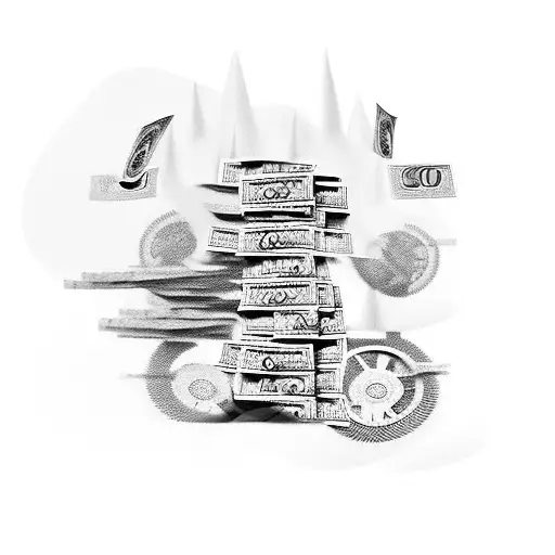 A stack of dollar bills morphing into a mechanical engine tattoo design idea