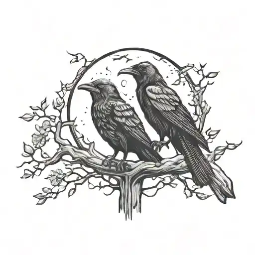 odins ravens on a tree by a full moon tattoo design idea