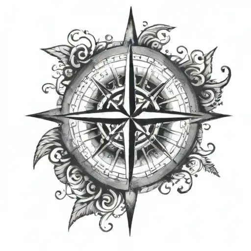 A dotwork tattoo of a compass rose with musical notes intertwined in the design tattoo design idea